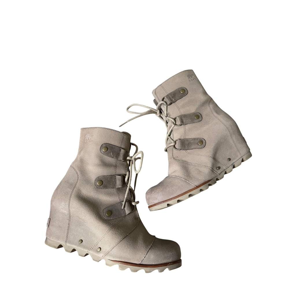 Sorel Booties Joan of Arctic Wedge II Soft Taupe Leather Wedge Mid Ankle Sz 9.5